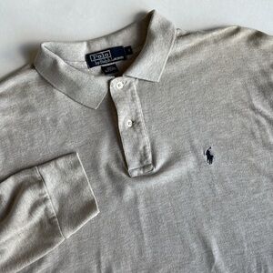 Vintage‎ Polo Ralph Lauren Tan Pique Cotton Long Sleeve Polo Shirt Mens Large